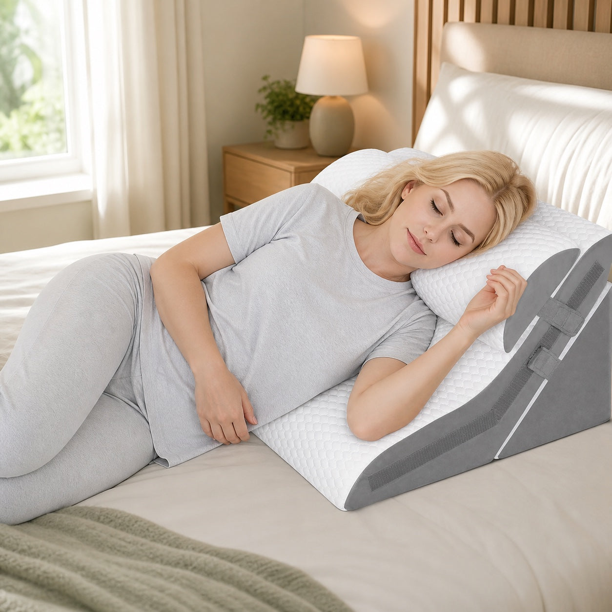 Woman resting on her side with gentle incline support
