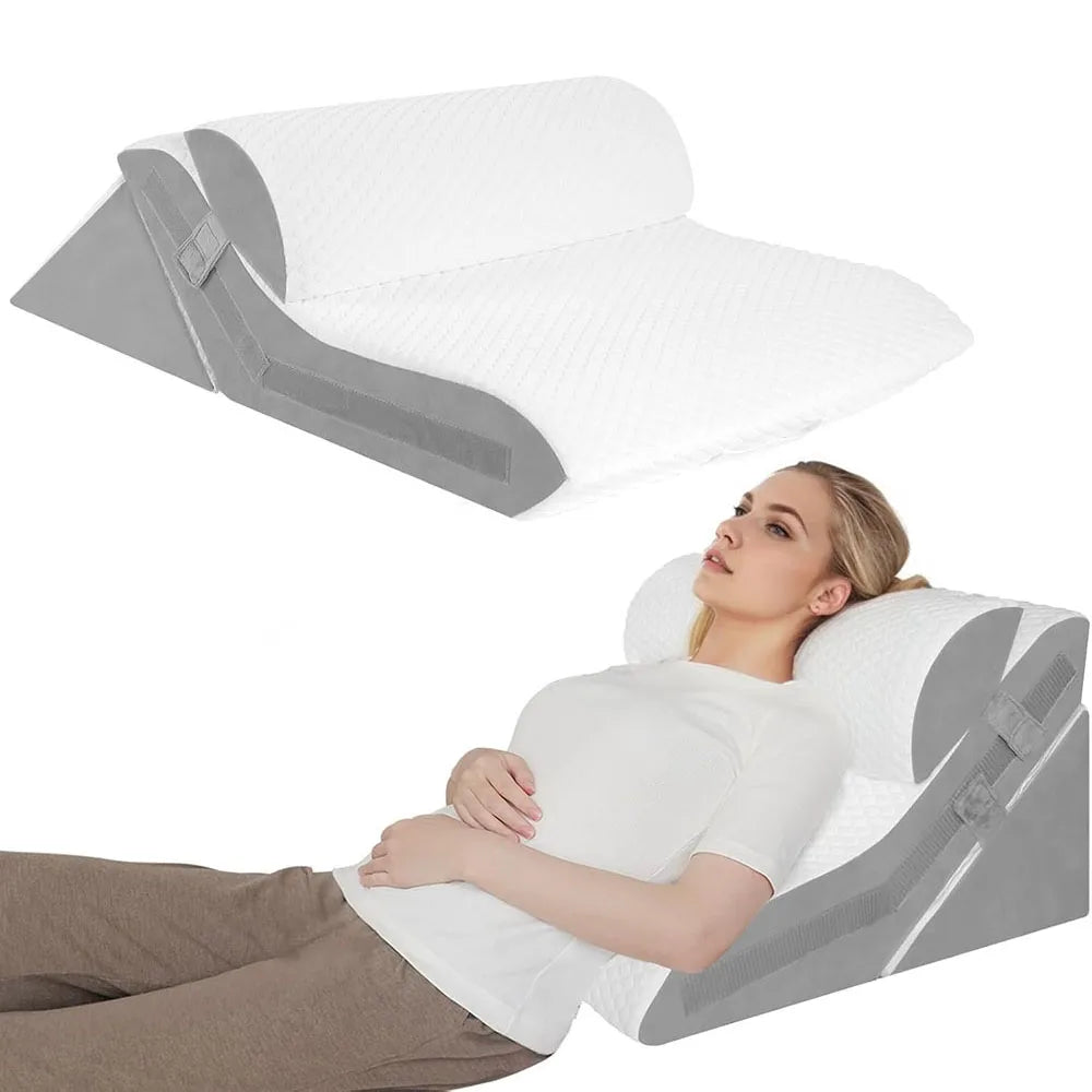 The three-piece adjustable wedge pillow system shown upright and reclined
